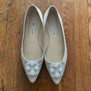 Manolo Blahnik HANGISIFLAT Natural Fabric Jewel Buckle Flat, Size 41.5